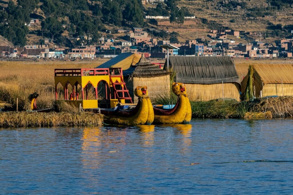 Colorful reed boats and structures on Lake Titicaca near Puno, Peru.